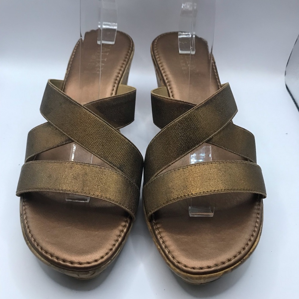 Italian Shoemaker bronze elastic straps wedge. Size 11. (ii)